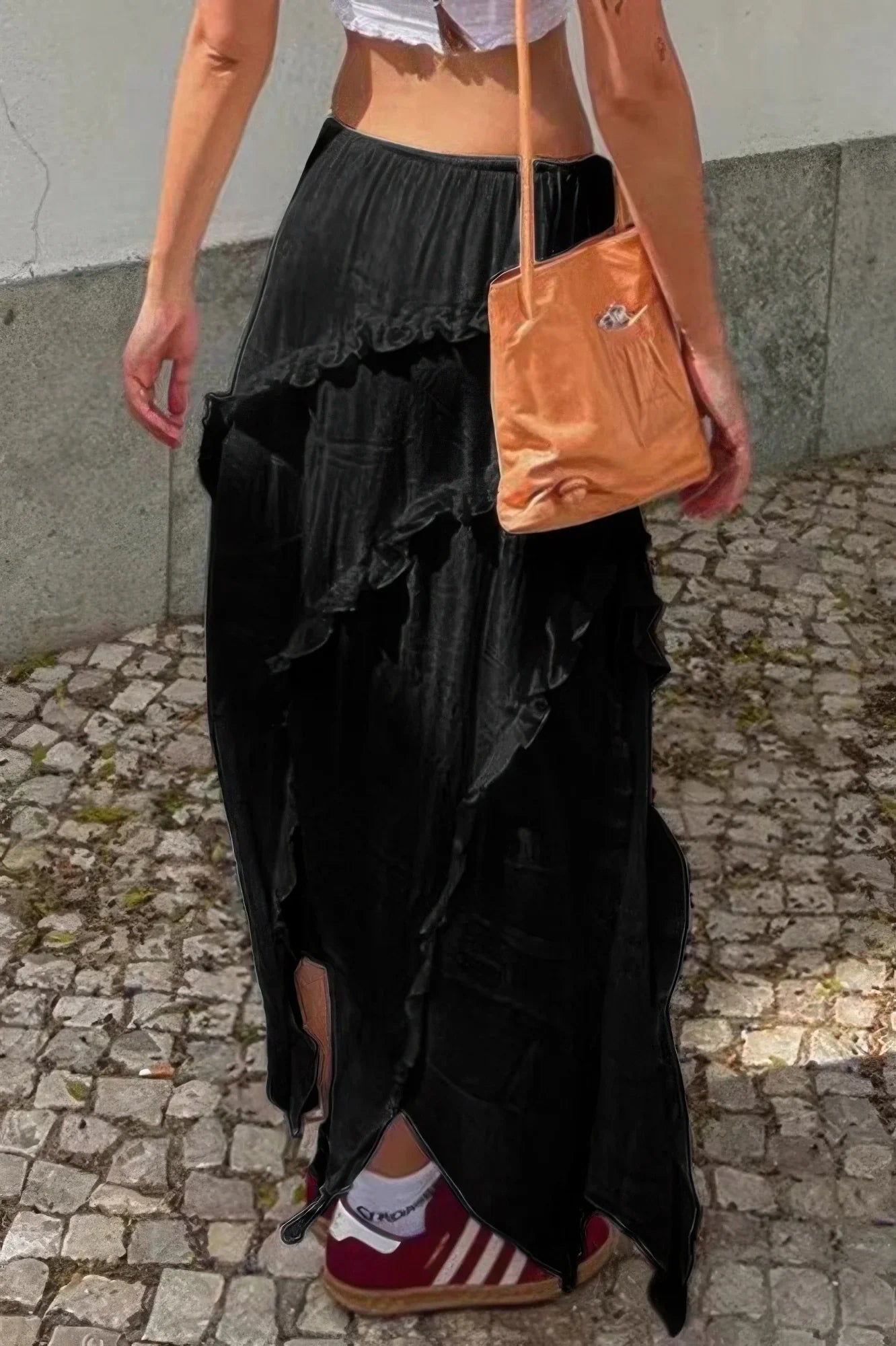 Solid Ruffle Drawstring Waist Asymmetry Hem Skirt - minbolu