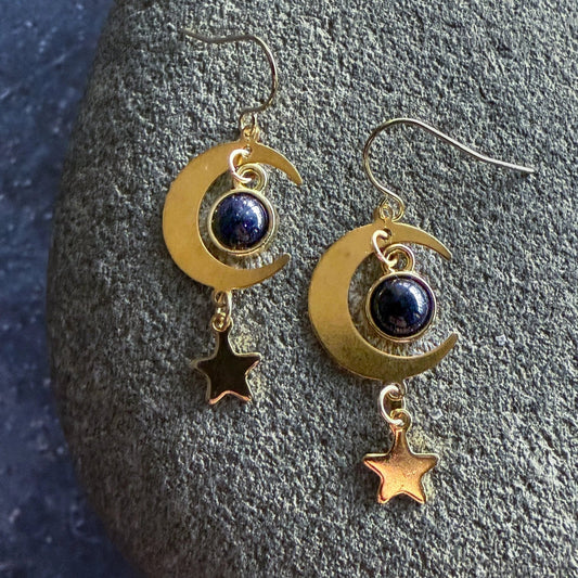 Starlit Crescent Earrings with Blue Sandstone - minbolu