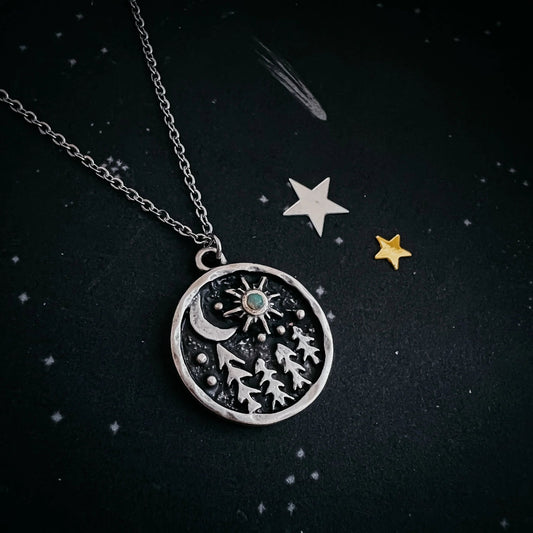 Starry Forest Night Pendant Necklace with Opal - minbolu