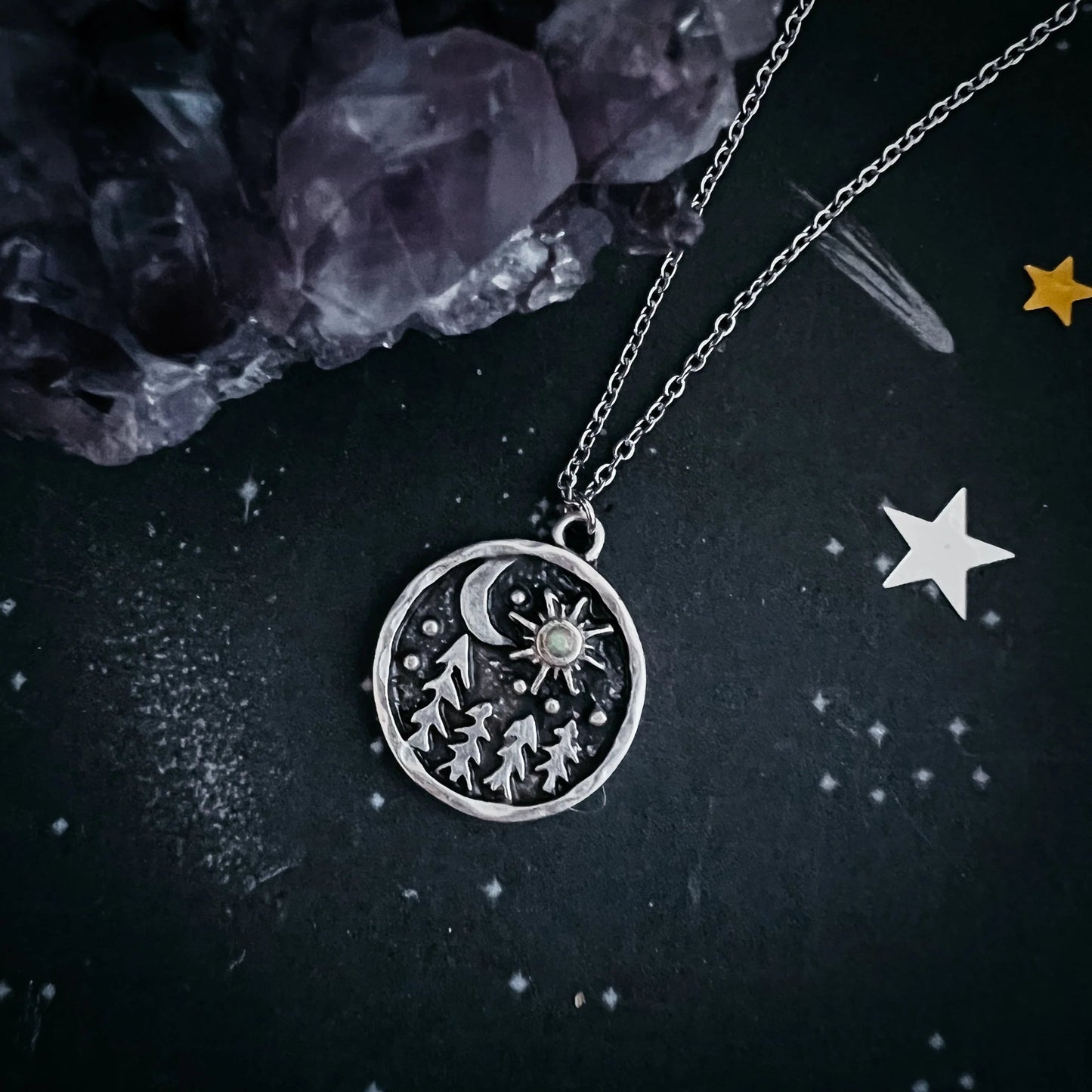 Starry Forest Night Pendant Necklace with Opal - minbolu