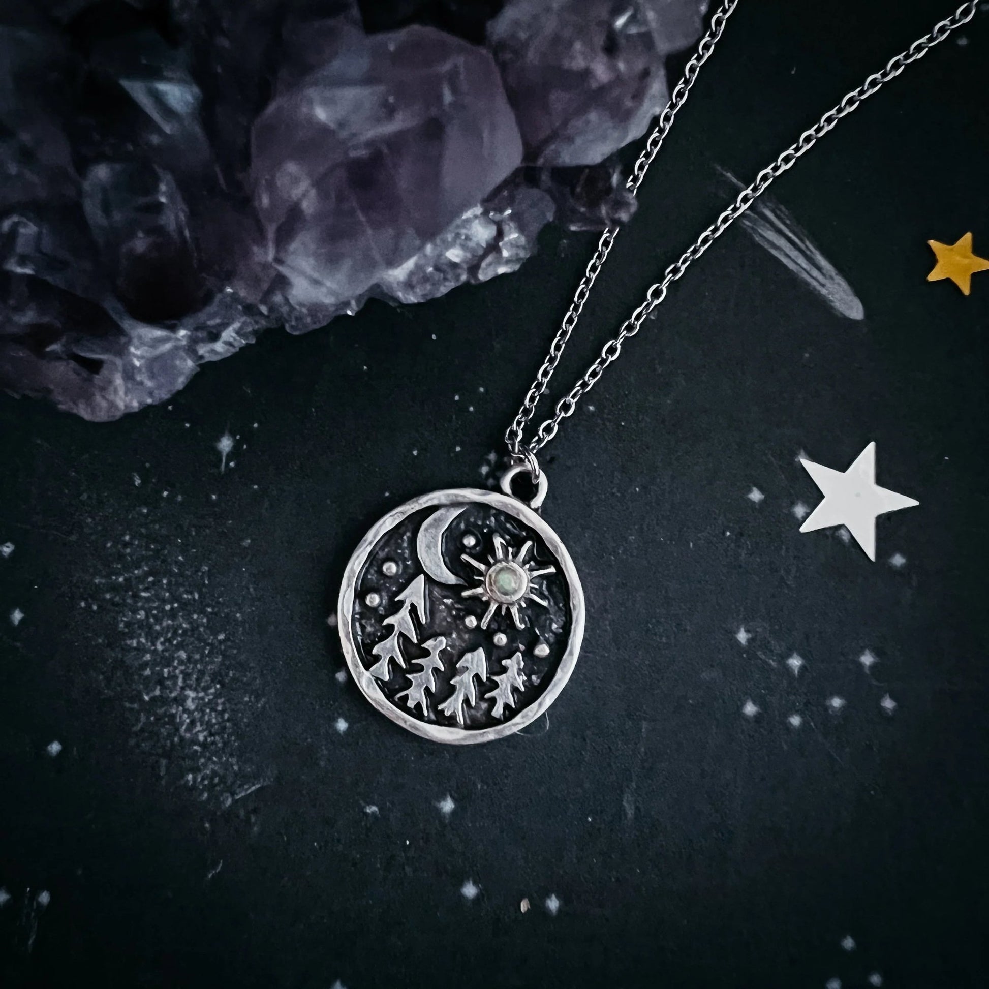 Starry Forest Night Pendant Necklace with Opal - minbolu