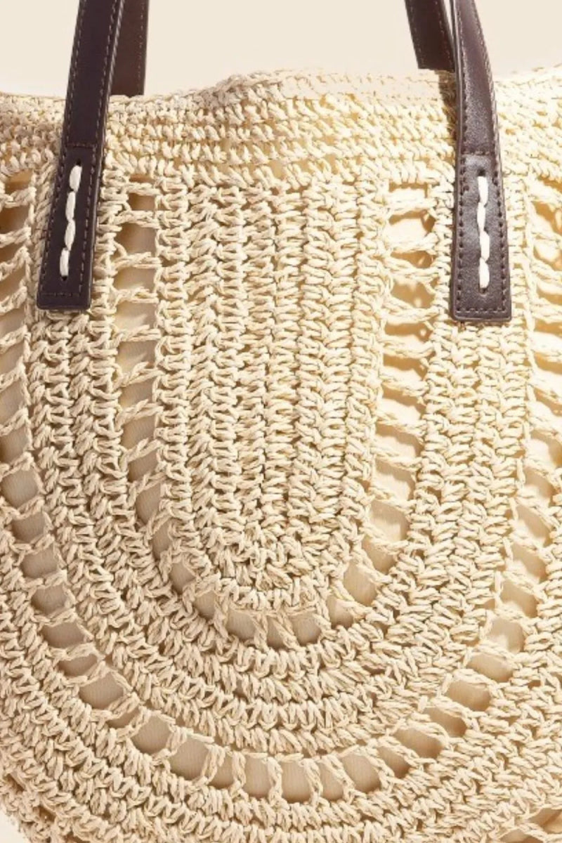 Straw Braided Round Tote Bag - Natural Boho Small Tote for Summer - minbolu -