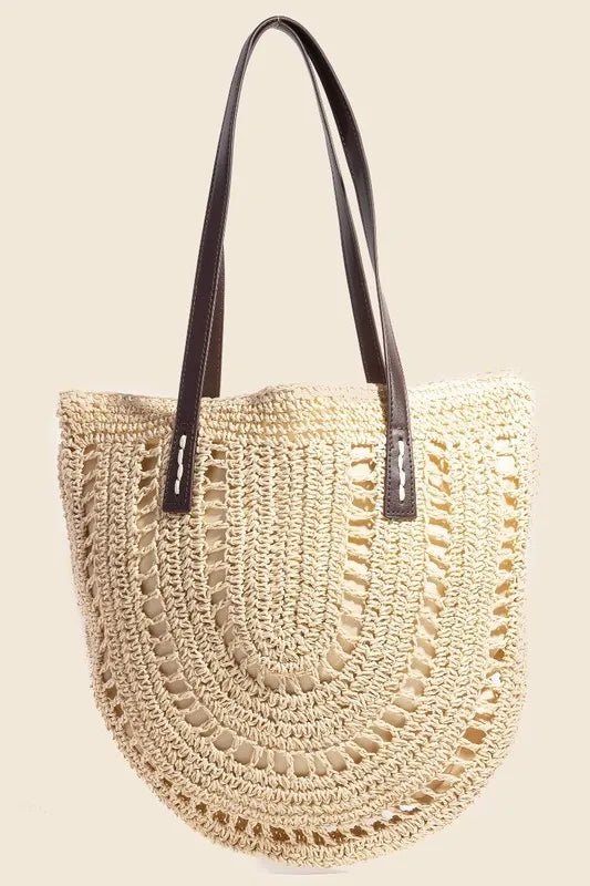 Straw Braided Round Tote Bag - Natural Boho Small Tote for Summer - minbolu -