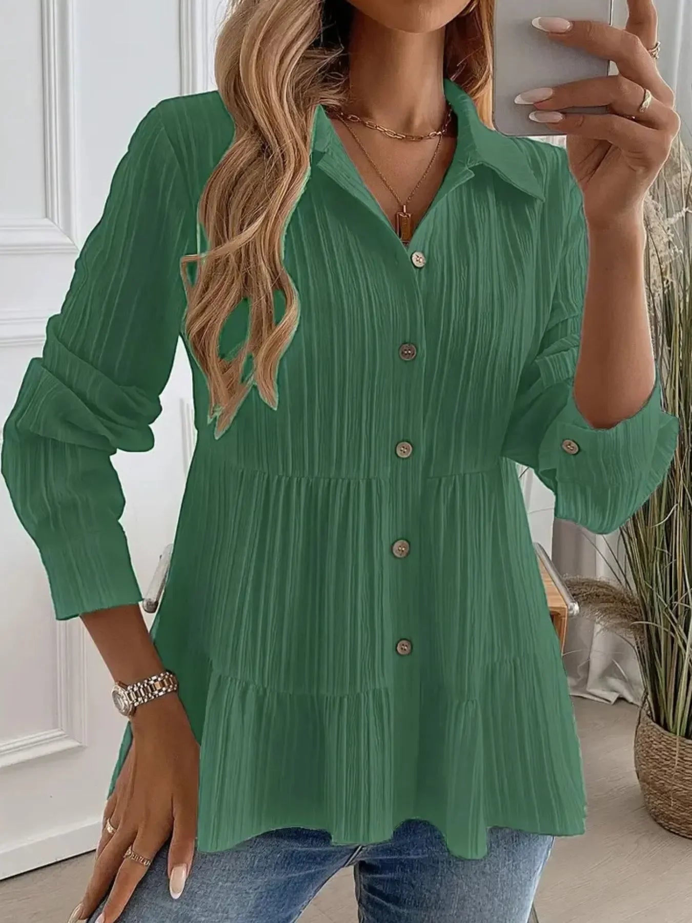Striped Button-Down Tiered Shirt - minbolu -