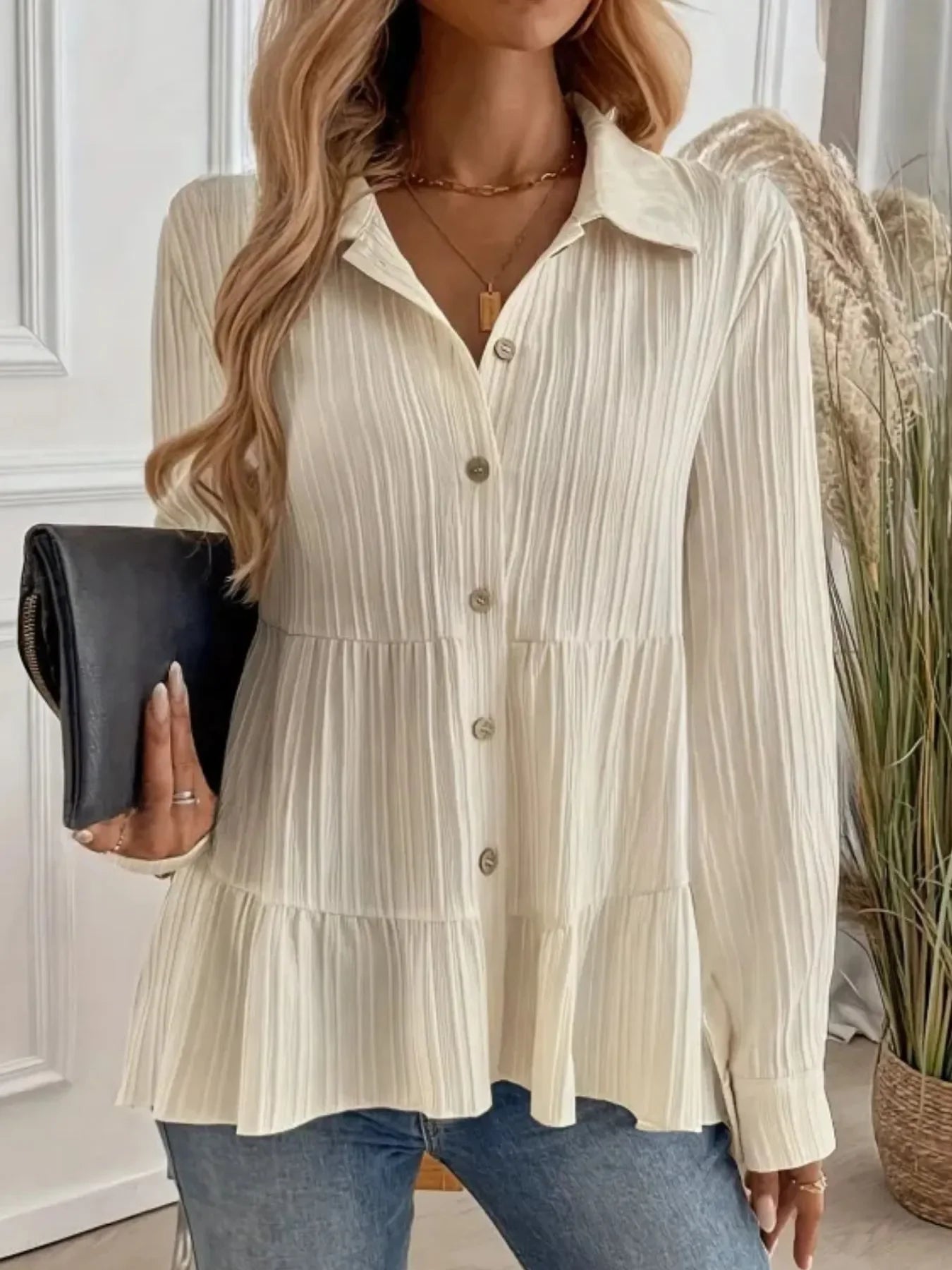 Striped Button-Down Tiered Shirt - minbolu -