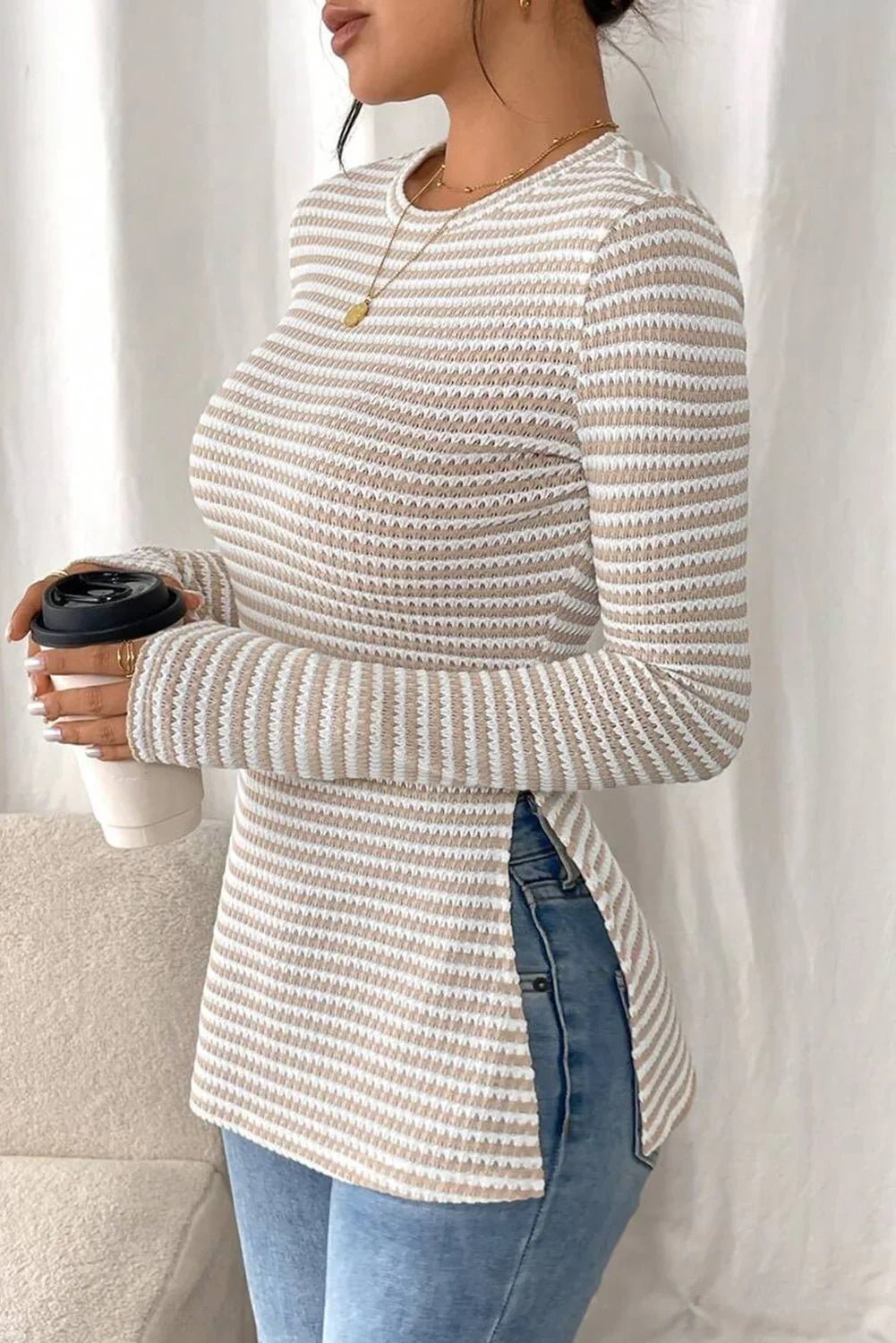 Striped Sheer Long Sleeve Top - Side Slit Round Neck Blouse - minbolu -