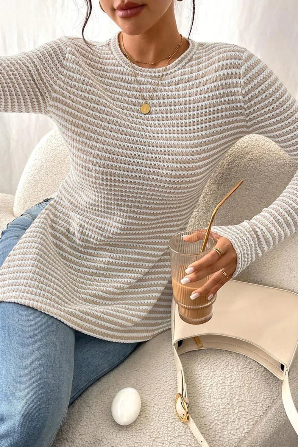 Striped Sheer Long Sleeve Top - Side Slit Round Neck Blouse - minbolu -
