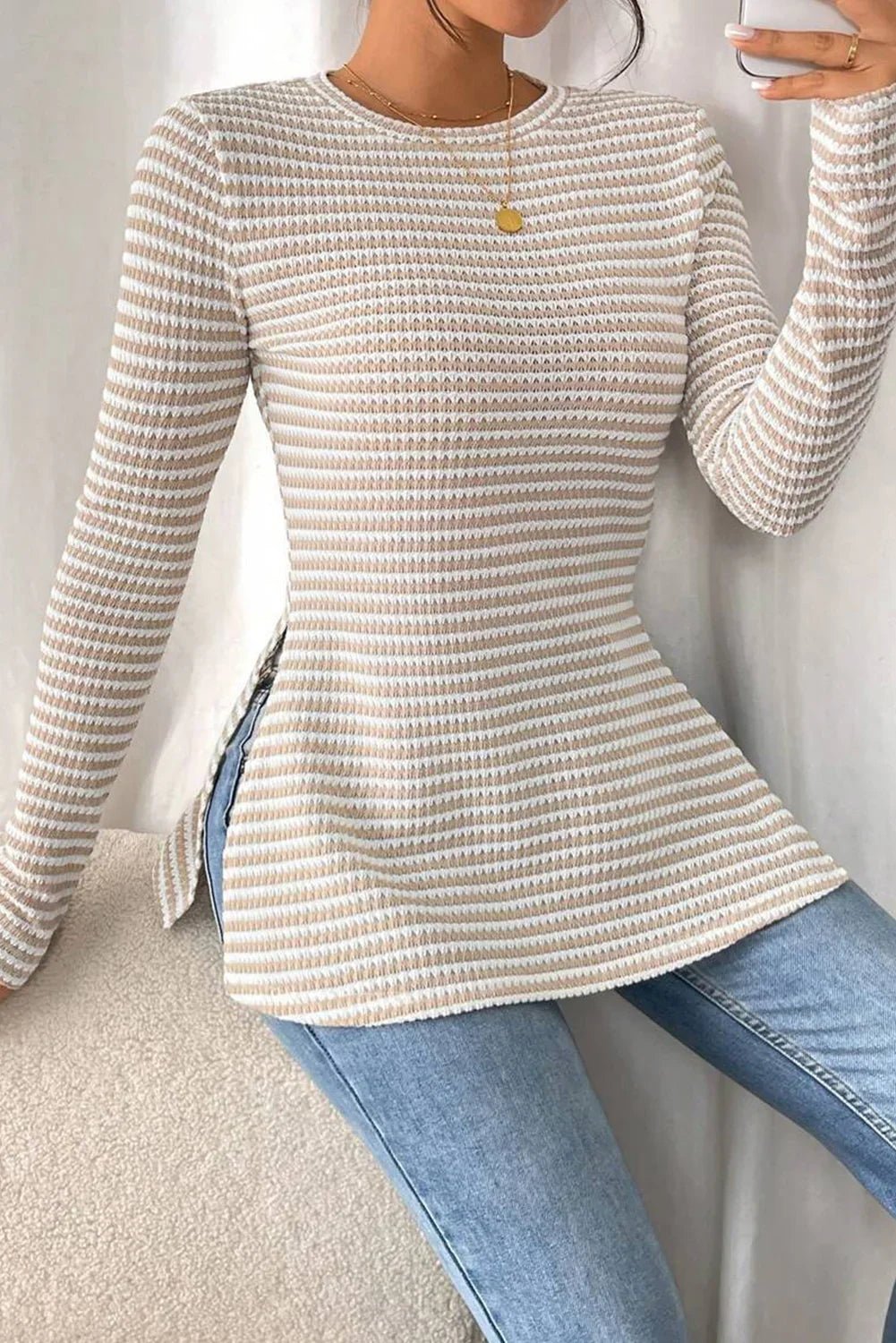Striped Sheer Long Sleeve Top - Side Slit Round Neck Blouse - minbolu -