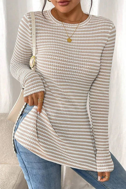 Striped Sheer Long Sleeve Top - Side Slit Round Neck Blouse - minbolu -