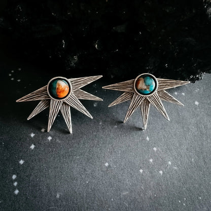 Sun Goddess Earrings with Copper Oyster Turquoise - minbolu