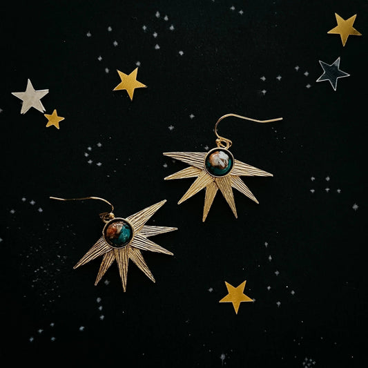 Sun Goddess Earrings with Copper Oyster Turquoise - minbolu