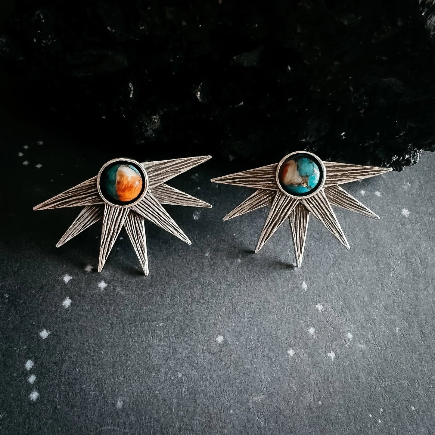 Sun Goddess Earrings with Copper Oyster Turquoise - minbolu