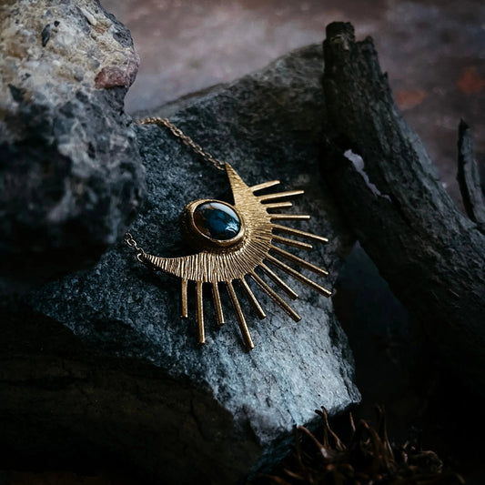 Sun Goddess Necklace - Sun Pendant with Copper Oyster Turquoise - minbolu