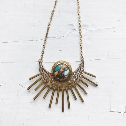 Sun Goddess Necklace - Sun Pendant with Copper Oyster Turquoise - minbolu