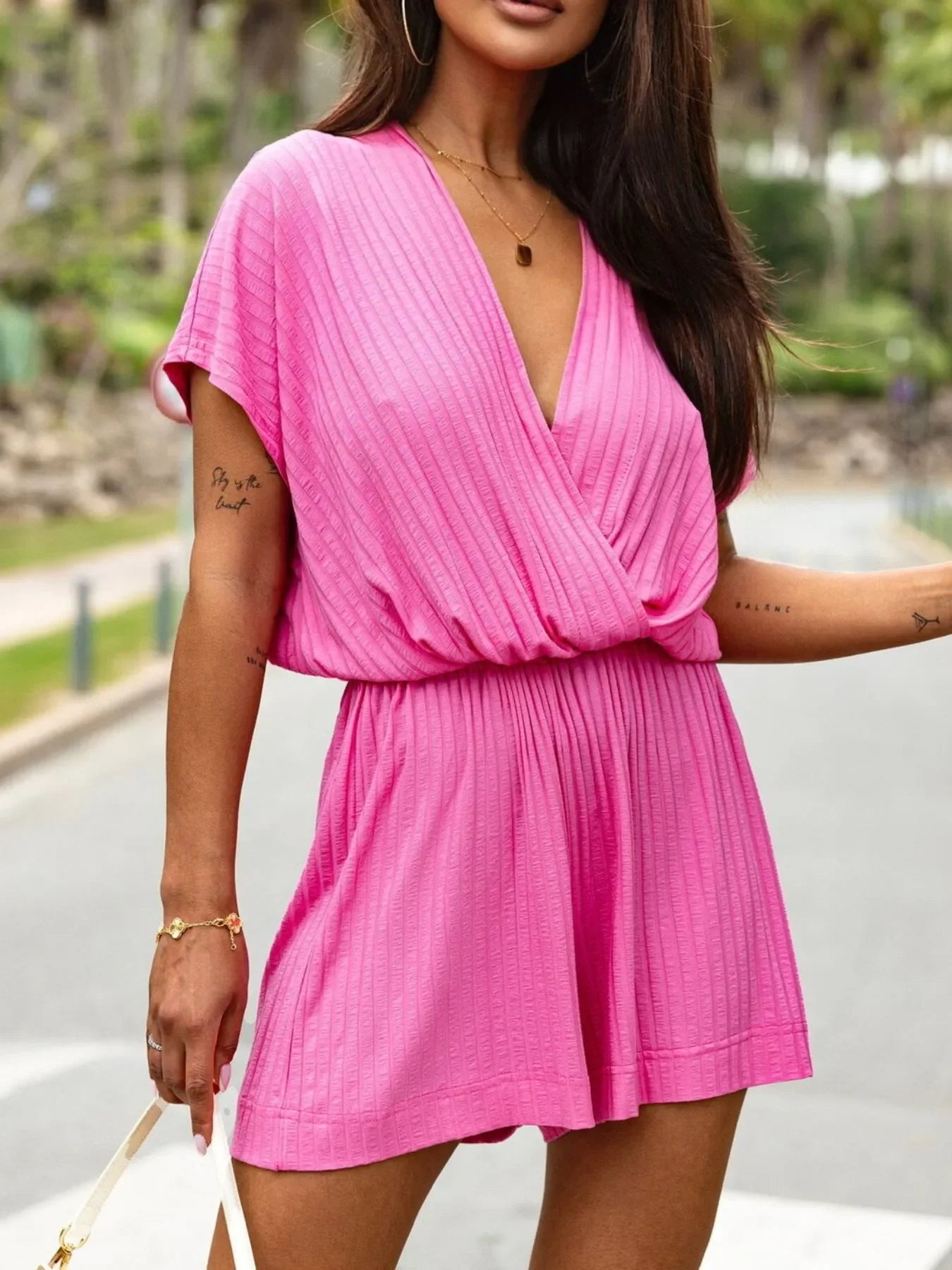 Surplice Short Sleeve Romper - minbolu