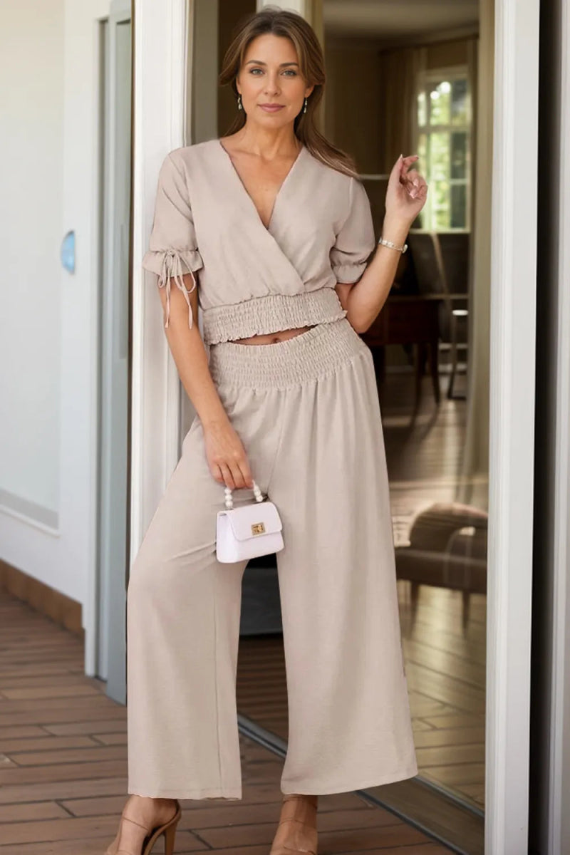Surplice Short Sleeve Top and Pants Set - minbolu -