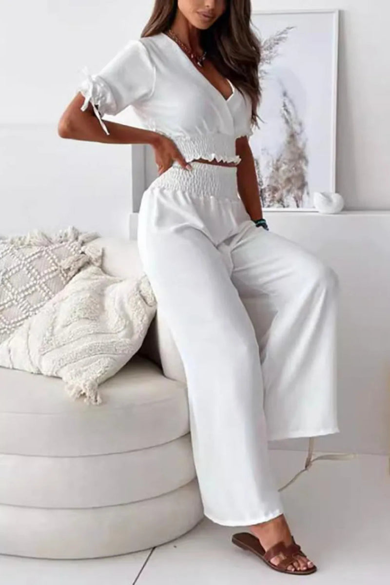 Surplice Short Sleeve Top and Pants Set - minbolu -