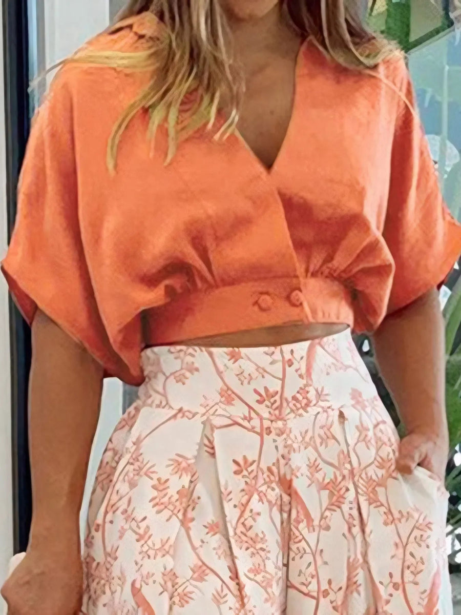 Surplice Top and High Waist Pants Set - Floral Two-Piece - minbolu -