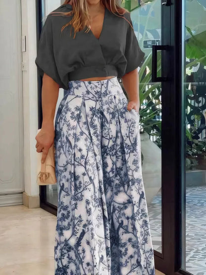 Surplice Top and High Waist Pants Set - minbolu -