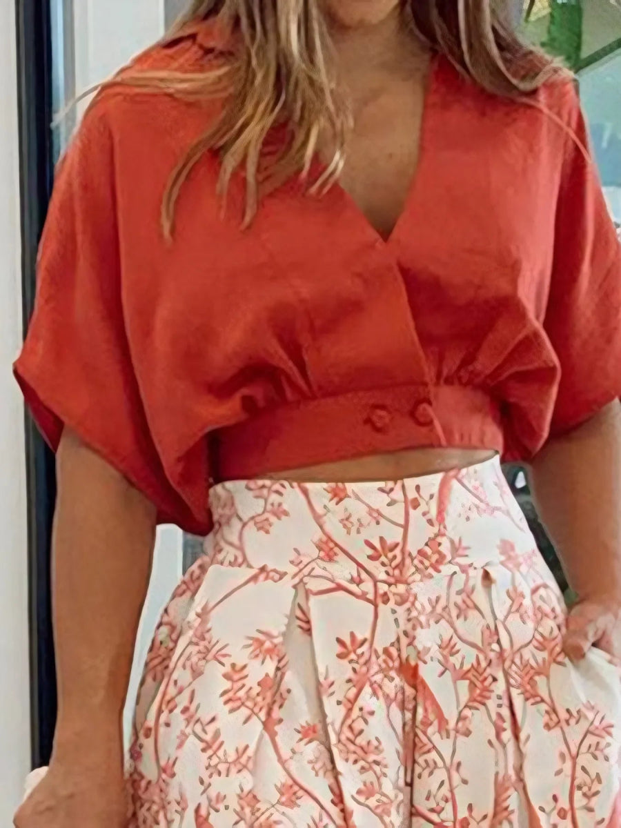 Surplice Top and High Waist Pants Set - Floral Two-Piece - minbolu -