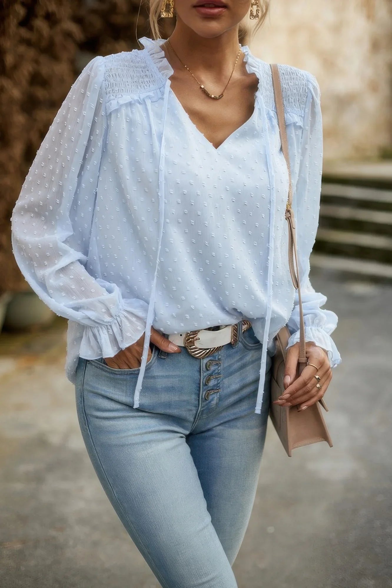 Swiss Dot Blouse - Off-Shoulder Ruched & Ruffle Hem Detail - minbolu -