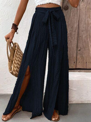 Tie Waist Wide Leg Pants with Slit: Dark Navy - minbolu -