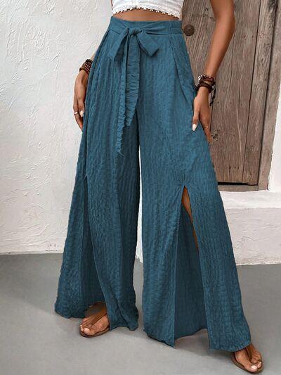 Tie Waist Wide Leg Pants with Slit: French Blue - minbolu -