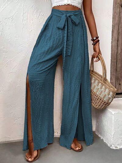 Tie Waist Wide Leg Pants with Slit: French Blue - minbolu -