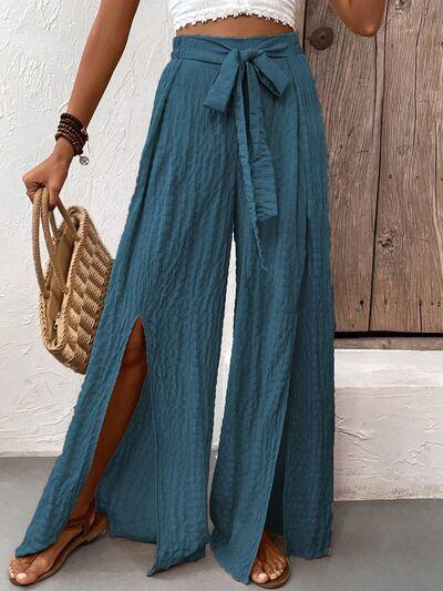 Tie Waist Wide Leg Pants with Slit: French Blue - minbolu -