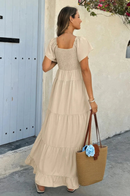 Tiered Maxi Dress - Cross Knot Color Block with Pockets - minbolu -