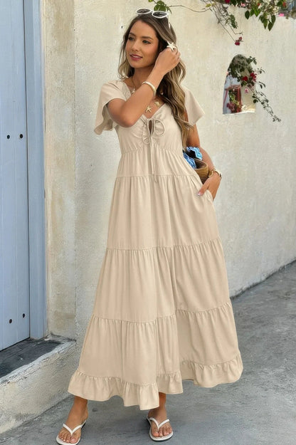 Tiered Maxi Dress - Cross Knot Color Block with Pockets - minbolu -