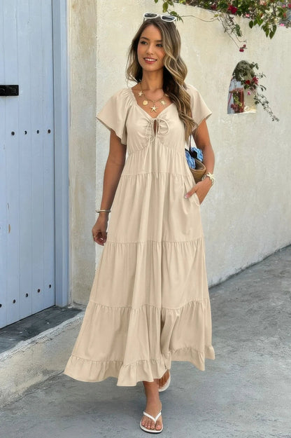 Tiered Maxi Dress - Cross Knot Color Block with Pockets - minbolu -