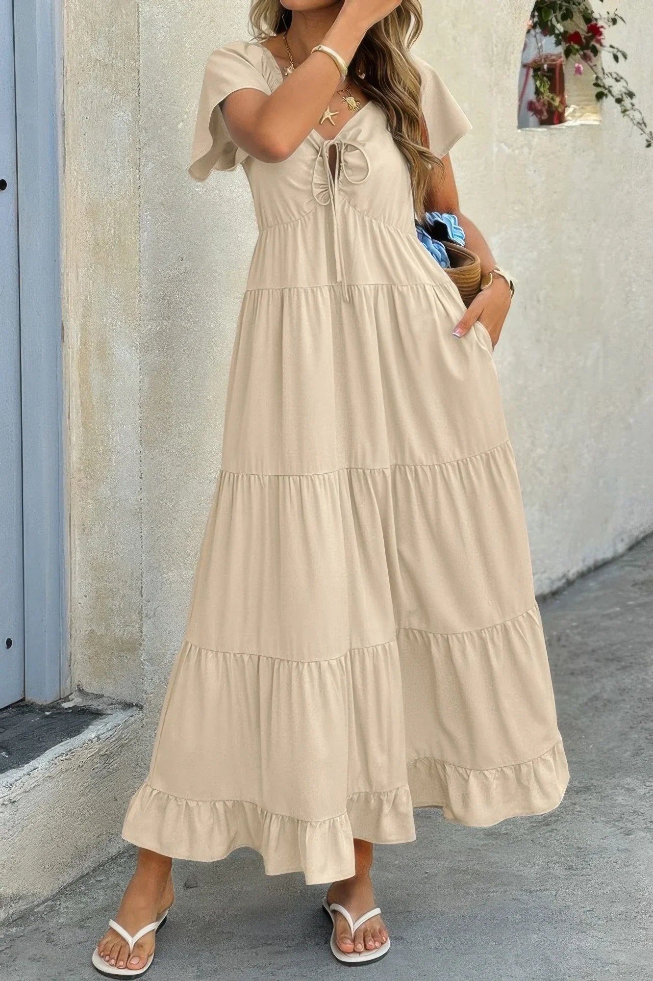 Tiered Maxi Dress - Cross Knot Color Block with Pockets - minbolu -