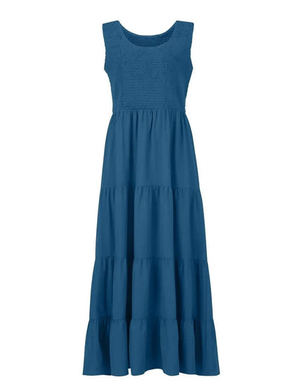 Tiered Maxi Dress - Smocked Polyester Wide Strap Style - minbolu