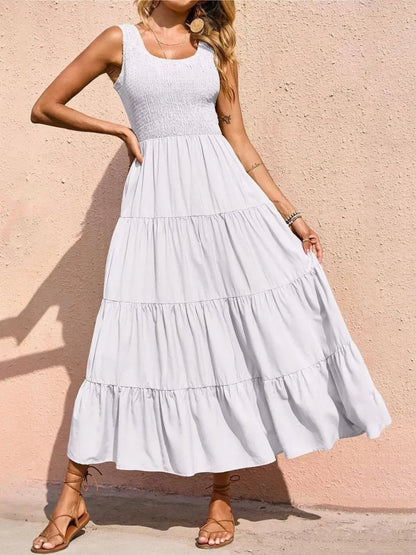 Tiered Maxi Dress - Smocked Polyester Wide Strap Style - minbolu