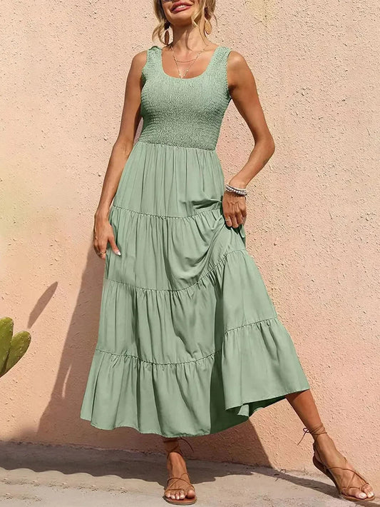 Tiered Maxi Dress - Smocked Polyester Wide Strap Style - minbolu