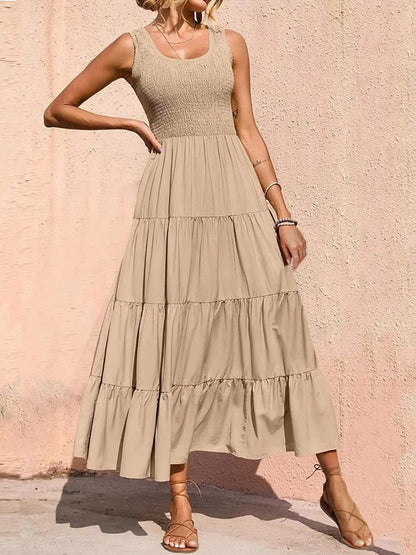 Tiered Maxi Dress - Smocked Polyester Wide Strap Style - minbolu