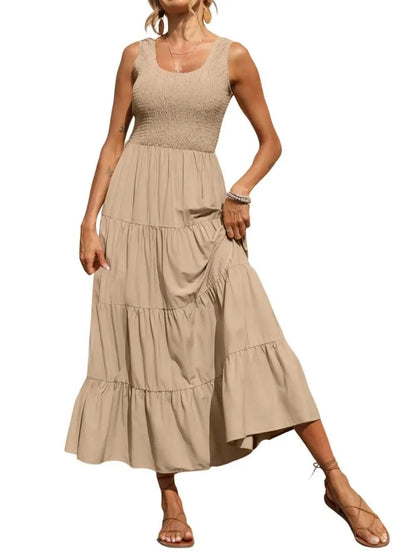 Tiered Maxi Dress - Smocked Polyester Wide Strap Style - minbolu