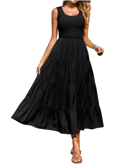 Tiered Maxi Dress - Smocked Polyester Wide Strap Style - minbolu