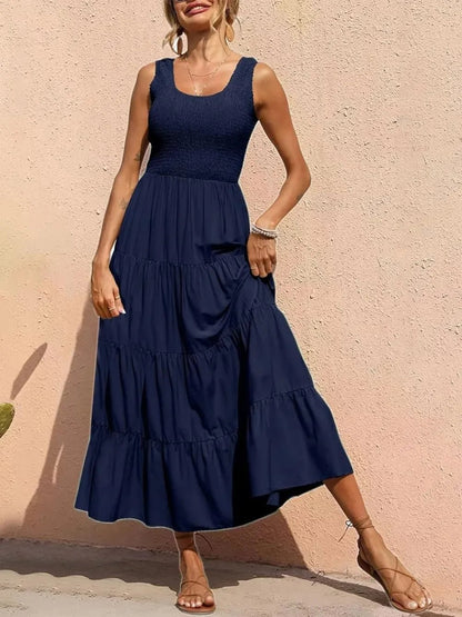 Tiered Maxi Dress - Smocked Polyester Wide Strap Style - minbolu