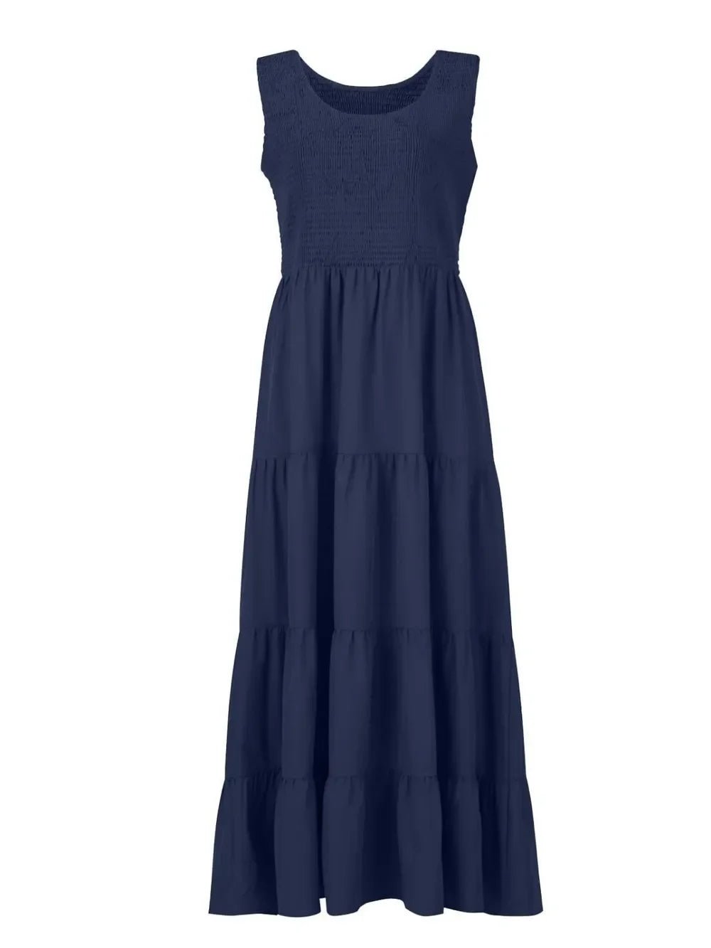 Tiered Maxi Dress - Smocked Polyester Wide Strap Style - minbolu