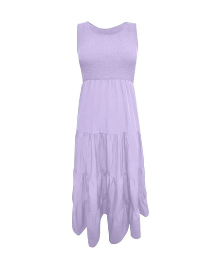 Tiered Maxi Dress - Smocked Polyester Wide Strap Style - minbolu