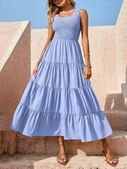 Tiered Maxi Dress - Smocked Polyester Wide Strap Style - minbolu