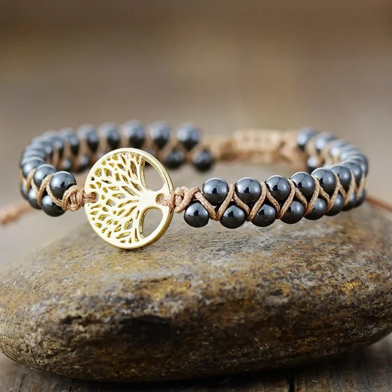 Tree of Life Natural Stone Beaded Bracelet - Handmade Alloy Gold & Silver Braided Charm - minbolu -