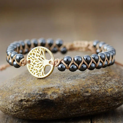 Tree of Life Natural Stone Beaded Bracelet - Handmade Alloy Gold & Silver Braided Charm - minbolu -