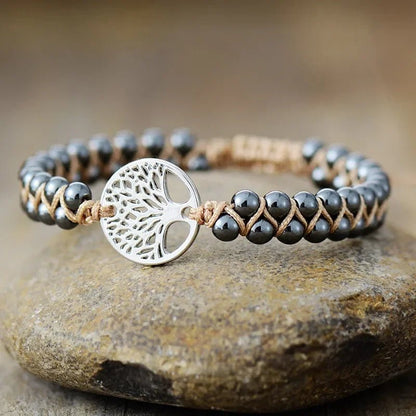 Tree of Life Natural Stone Beaded Bracelet - Handmade Alloy Gold & Silver Braided Charm - minbolu -