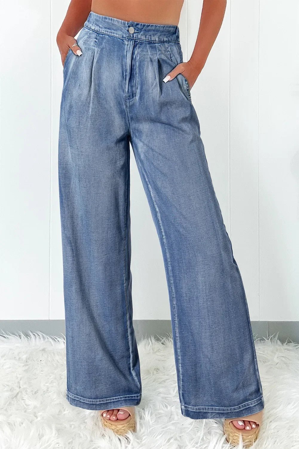 Trendy High Waist Wide Leg Jeans - minbolu -