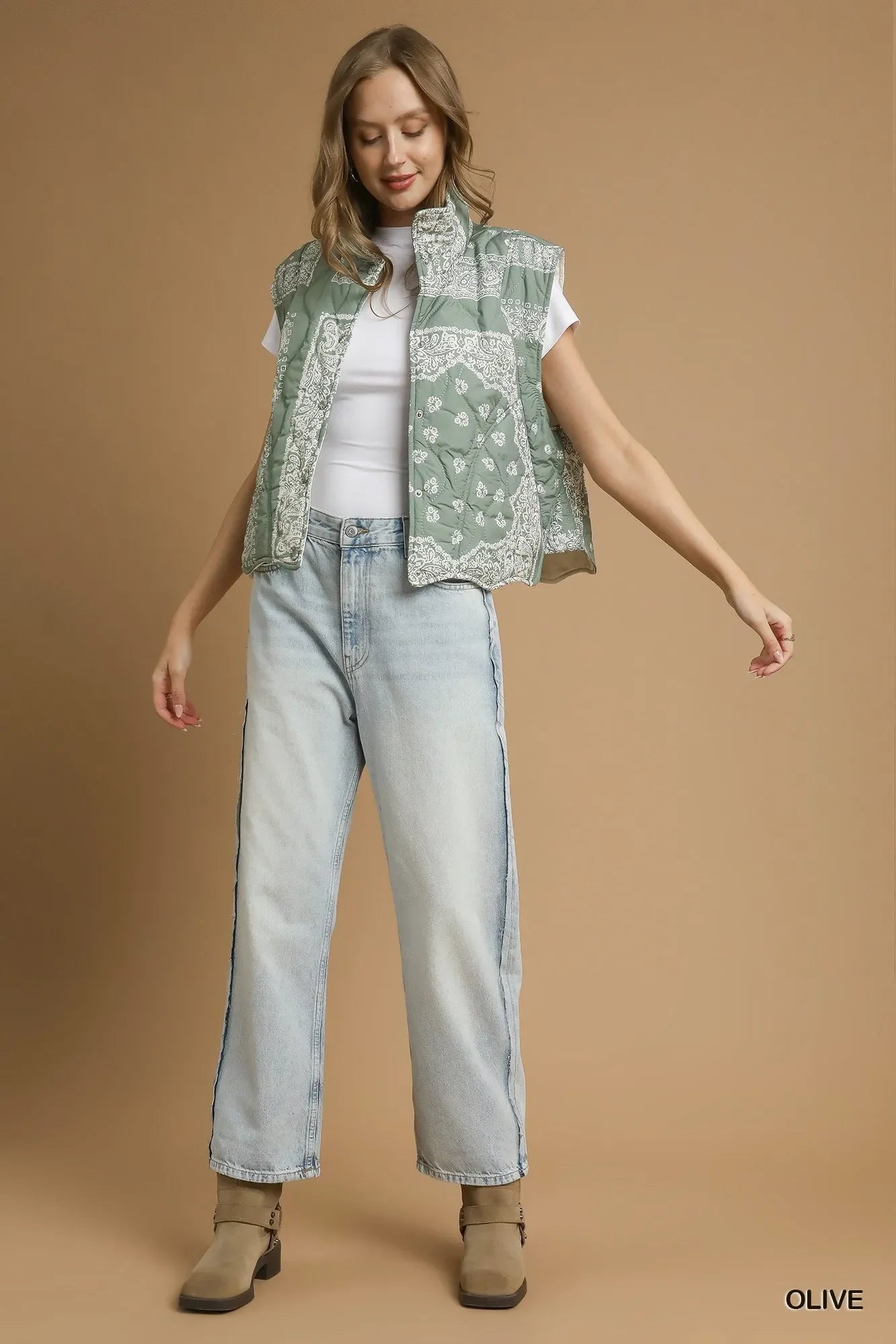 Umgee Bandana Print Quilted Puffer Vest - minbolu -