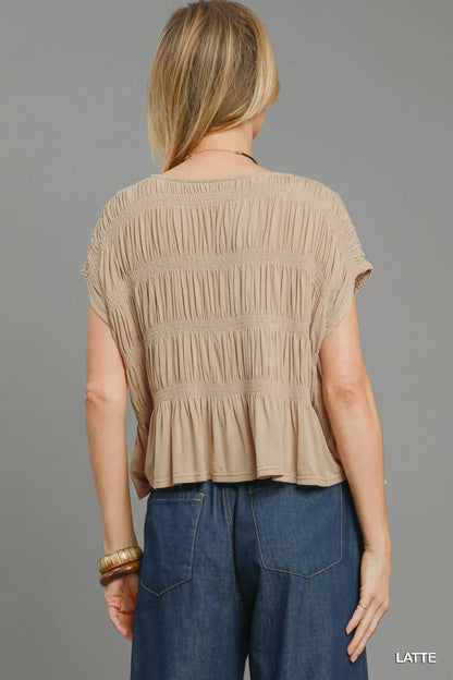Umgee Short Sleeve Knit Smocked Top - minbolu -