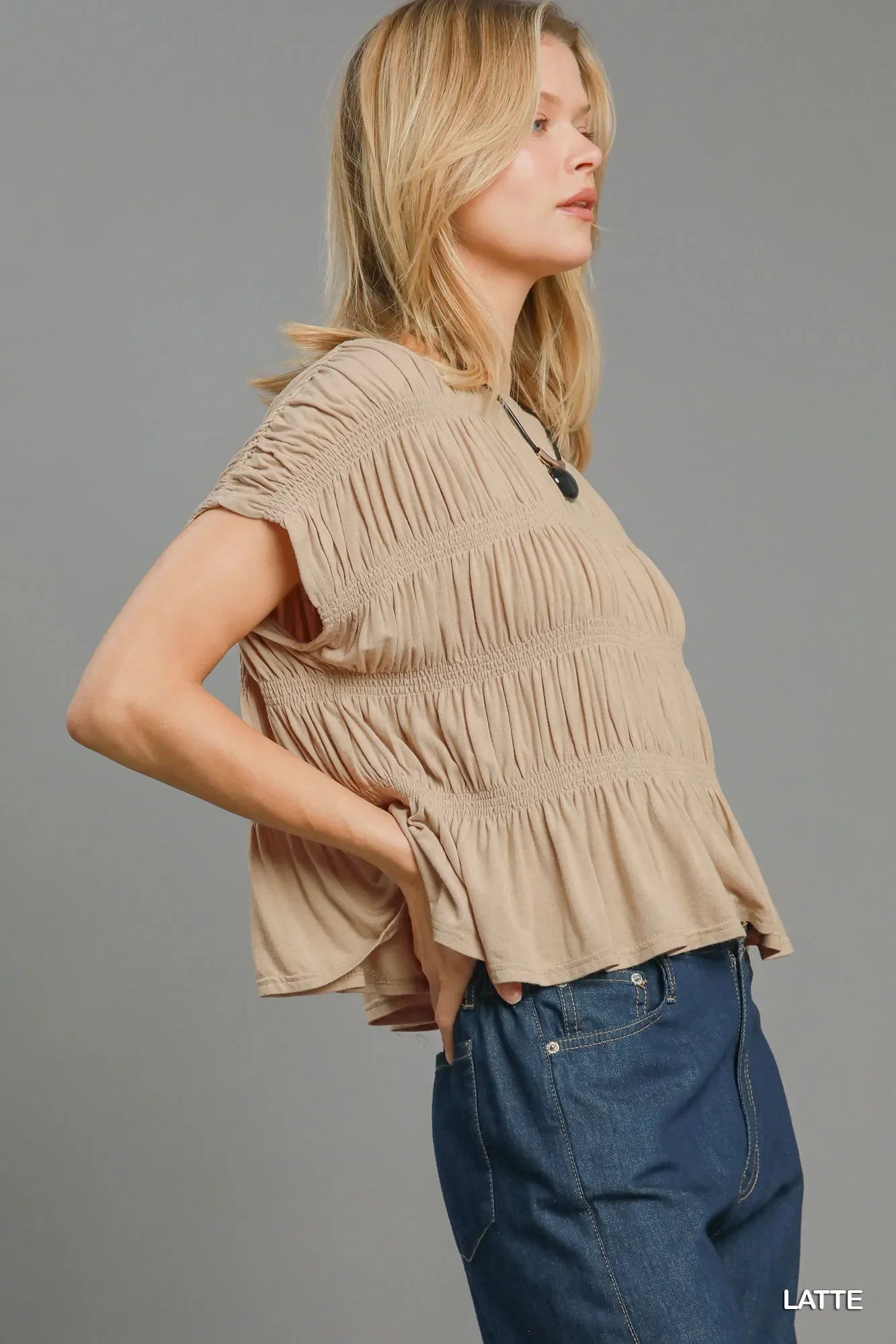 Umgee Short Sleeve Knit Smocked Top - minbolu -